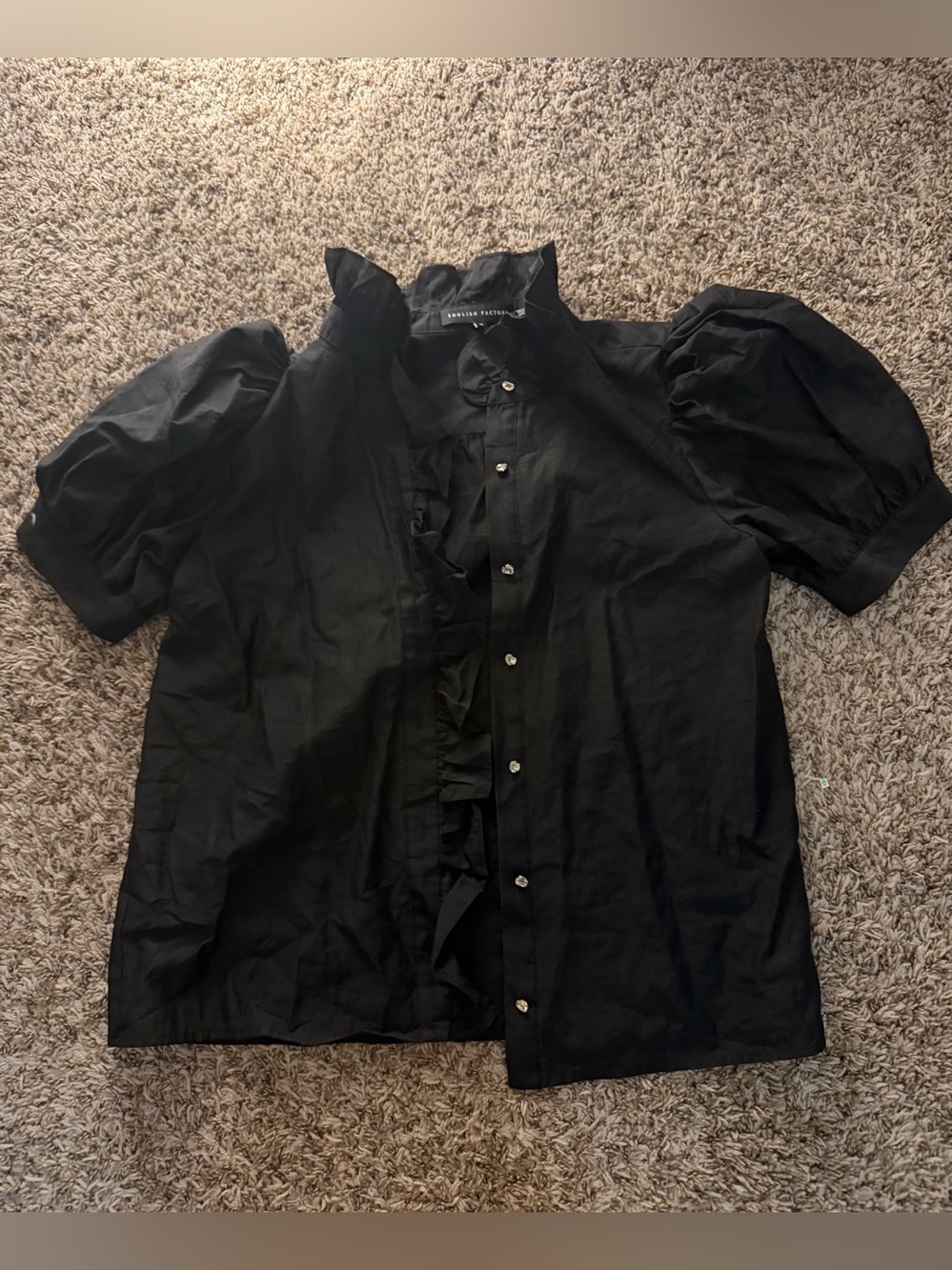 English Factory Black Ruffle Front Button Blouse